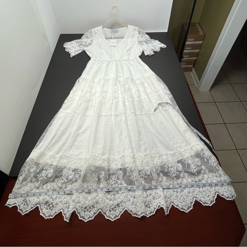 JJ's House Flower Ruffle V-Neck A-line Lace Maxi Dress #‎ 288443 White Large NEW - Picture 10 of 14